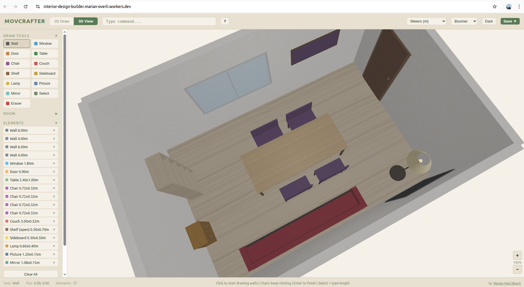 MovCrafter interior design builder showing 3D room with furniture