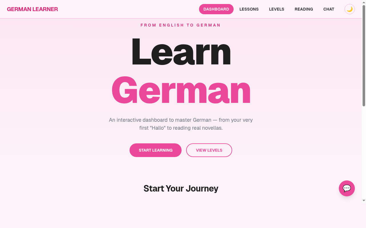 German Learner App dashboard with pink theme showing Learn German hero section