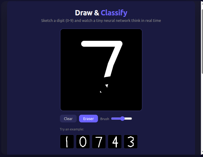 Draw and Classify digit recognition interface with neural network