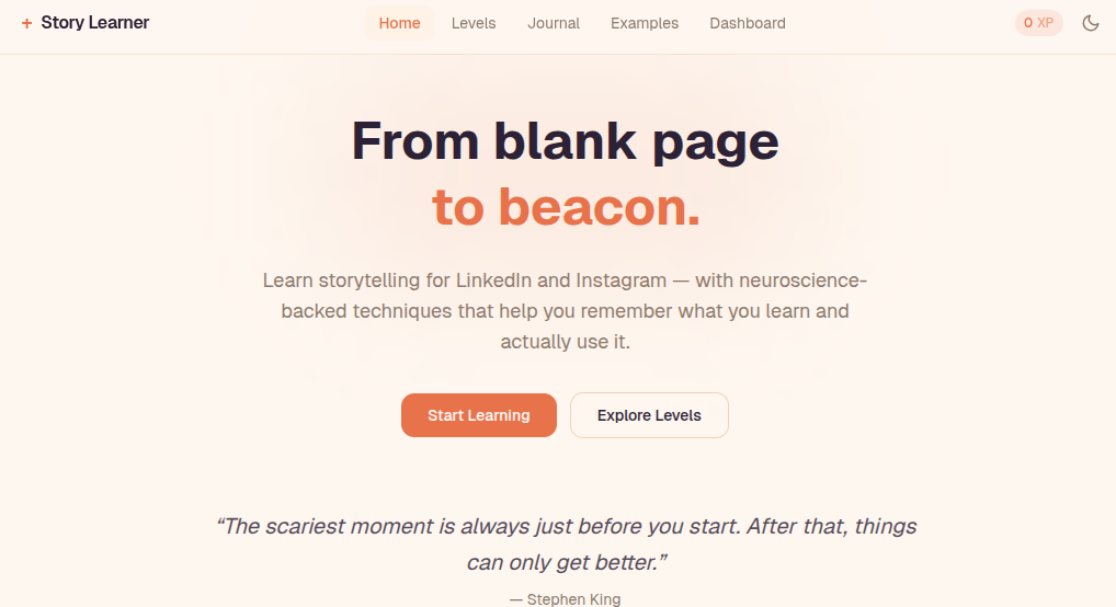 Learn Storytelling app showing levels and learning path