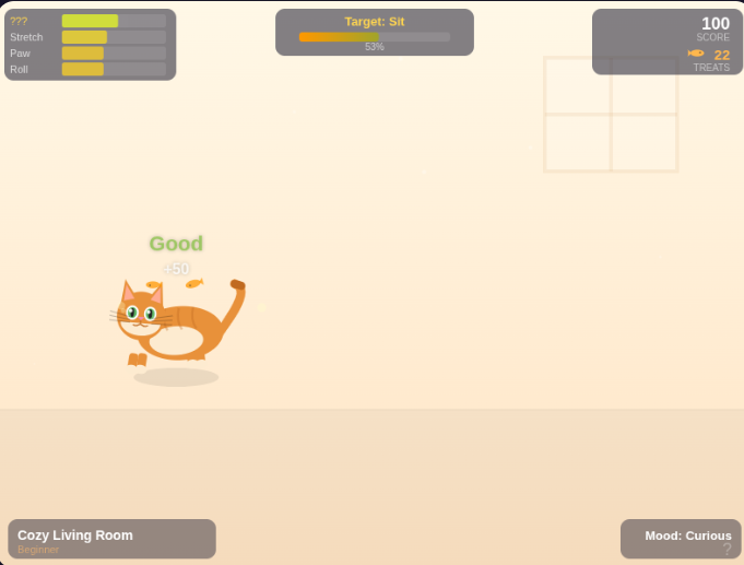 Meow Master cat training game with animated cat in living room