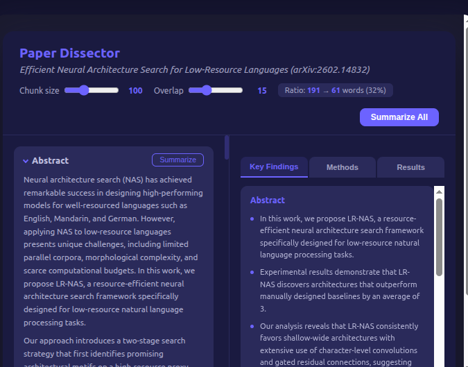 Paper Dissector showing structured summary of an arXiv paper