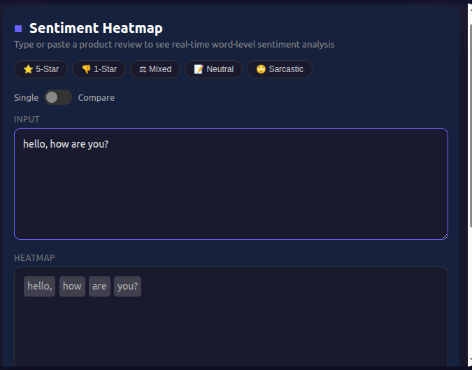 Sentiment Heatmap with word-level analysis and category filters
